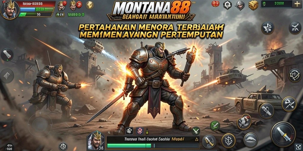 Screenshot gameplay MONTANA88 dengan aksi menara yang dramatis.