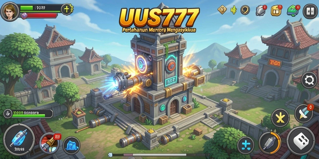 Tampilan menara strategis dalam action gameplay Tower Defense UUS777.